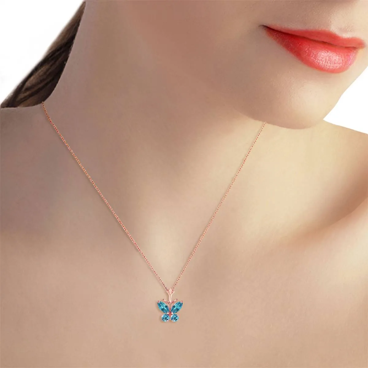 0.6 Carat 14K Solid Rose Gold Butterfly Necklace Blue Topaz