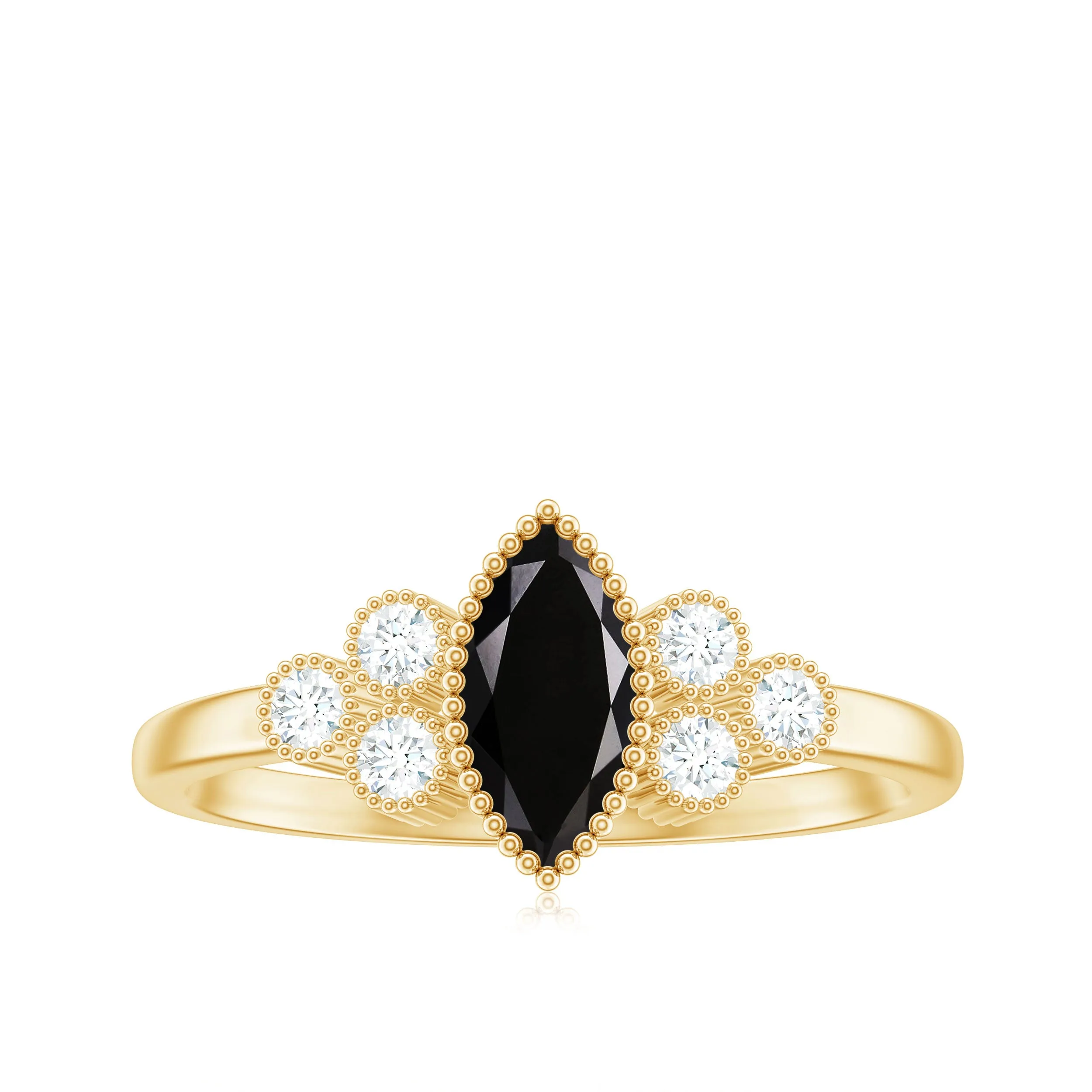 1 CT Marquise Cut Black Spinel Ring with Diamond Trio