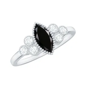 1 CT Marquise Cut Black Spinel Ring with Diamond Trio