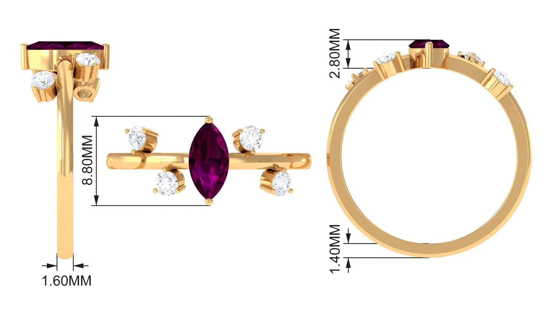 1 CT Marquise Cut Rhodolite Scatter Solitaire Ring with Diamond