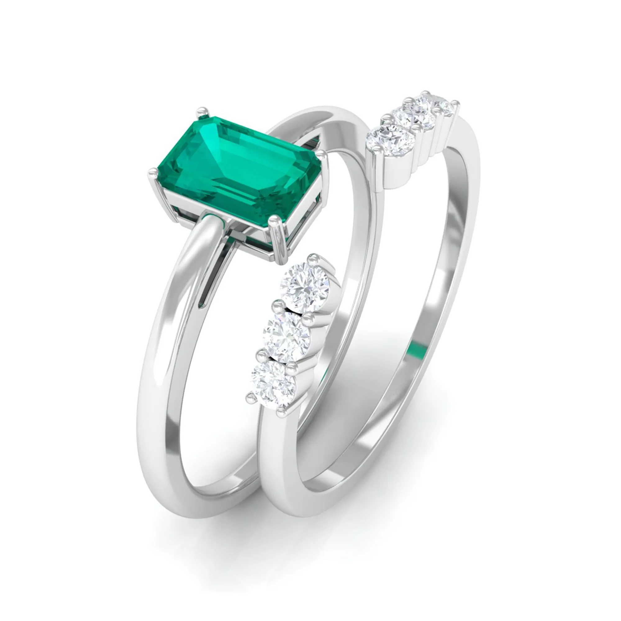 1 CT Octagon shape Emerald and Diamond Stackable Ring Set