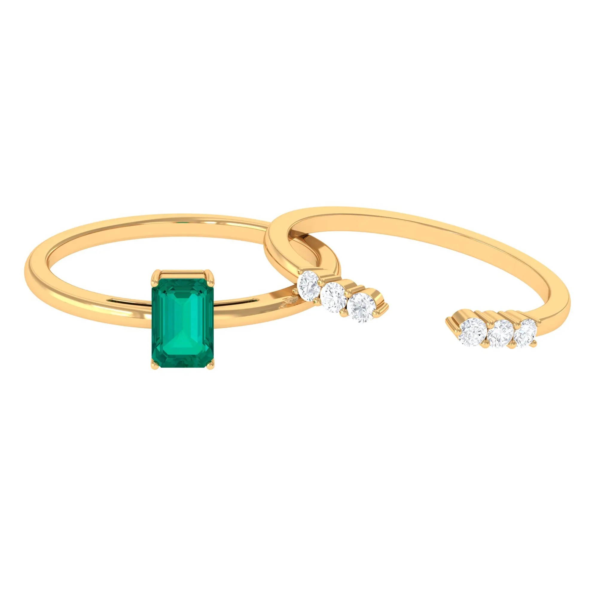 1 CT Octagon shape Emerald and Diamond Stackable Ring Set