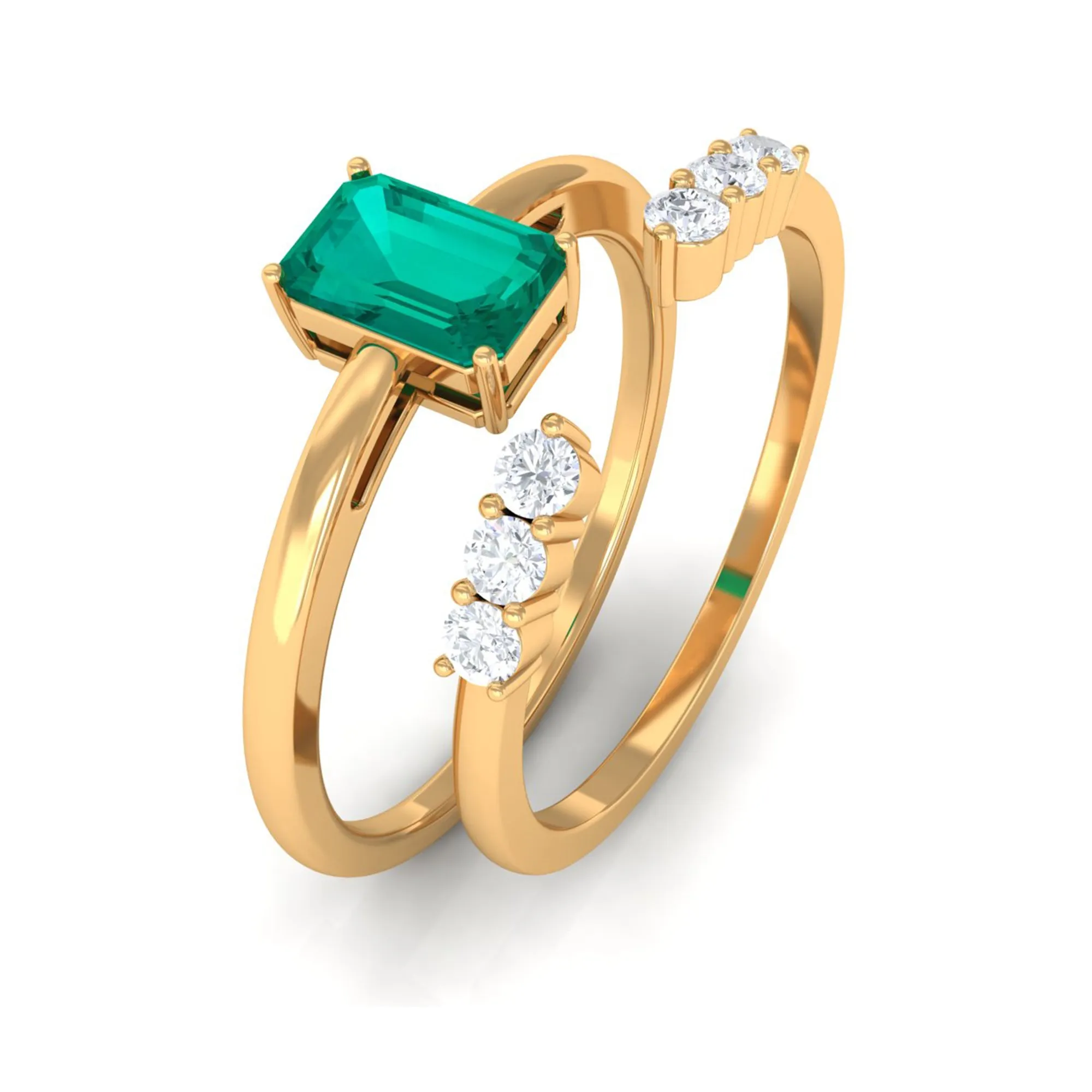 1 CT Octagon shape Emerald and Diamond Stackable Ring Set