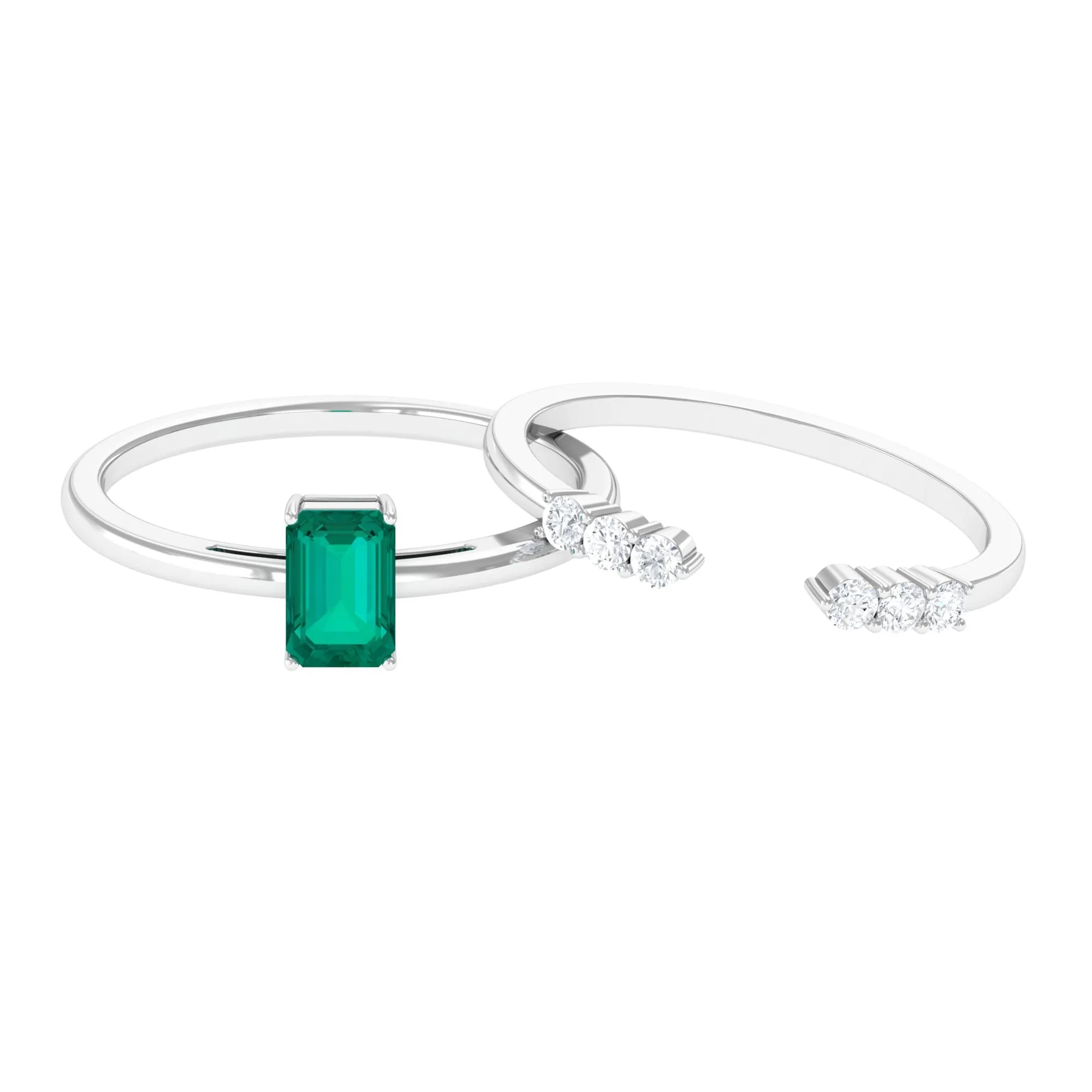 1 CT Octagon shape Emerald and Diamond Stackable Ring Set