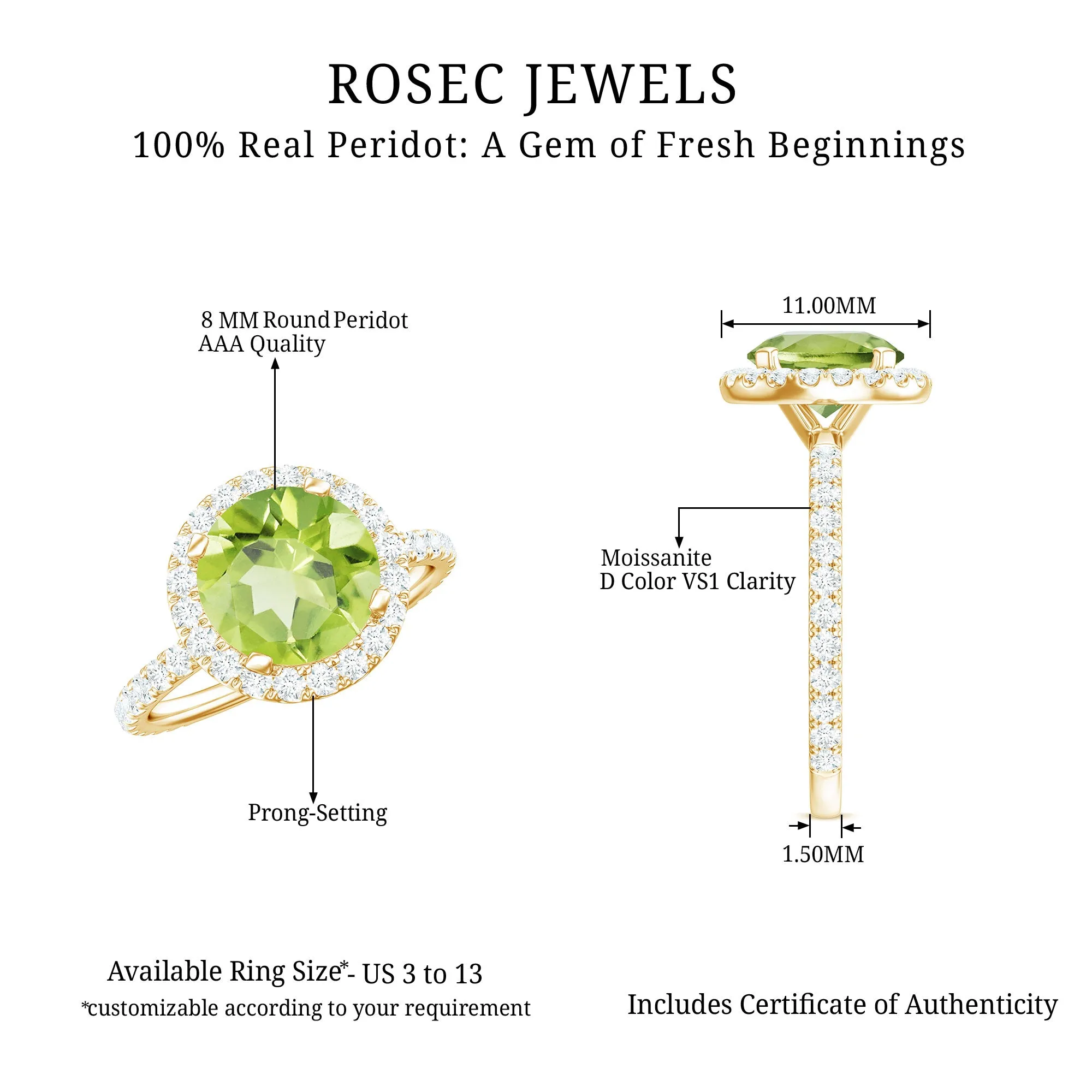 1 CT Peridot Solitaire Ring with Moissanite Accent Ring