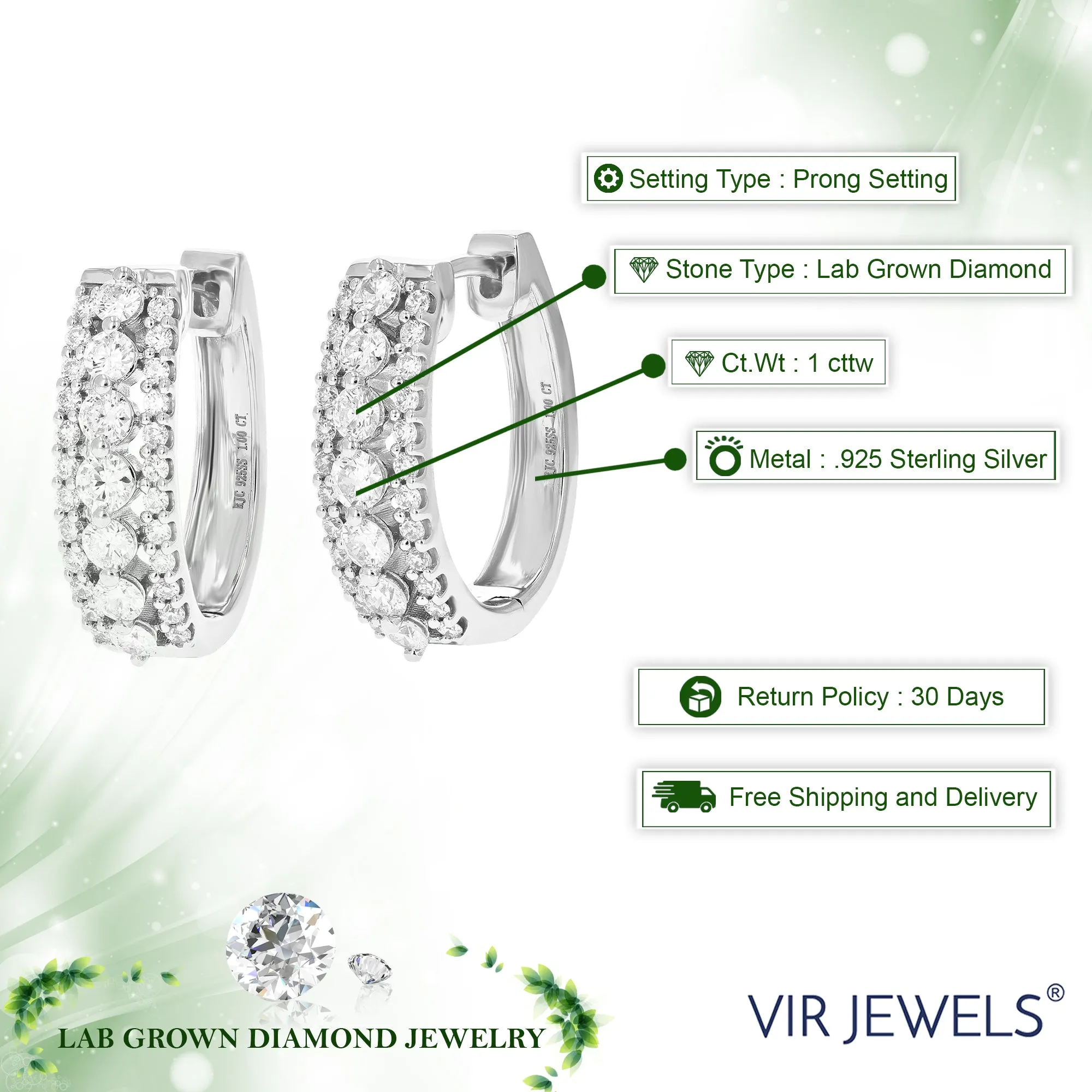 1 cttw 62 Stones Round Lab Grown Diamond Hoop Earrings .925 Sterling Silver Prong Set 3/4 Inch