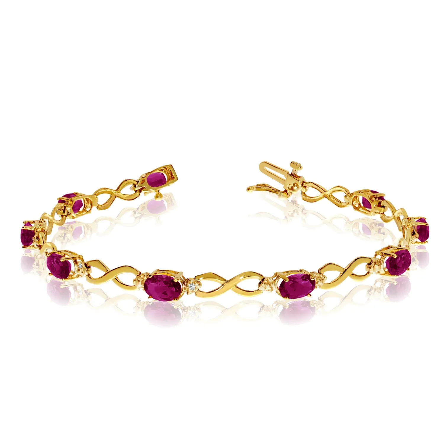 10K Yellow Gold Oval Ruby Stones And Diamonds Infinity Tennis Bracelet, 7"