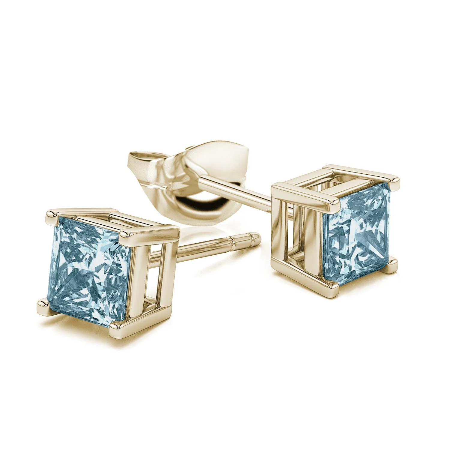 10k Yellow Gold Plated 3 Carat Princess Cut Created Aquamarine Sapphire Stud Earrings