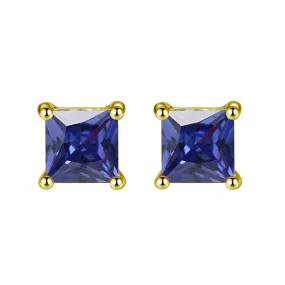 10k Yellow Gold Plated 4 Carat Square Created Blue Sapphire Stud Earrings