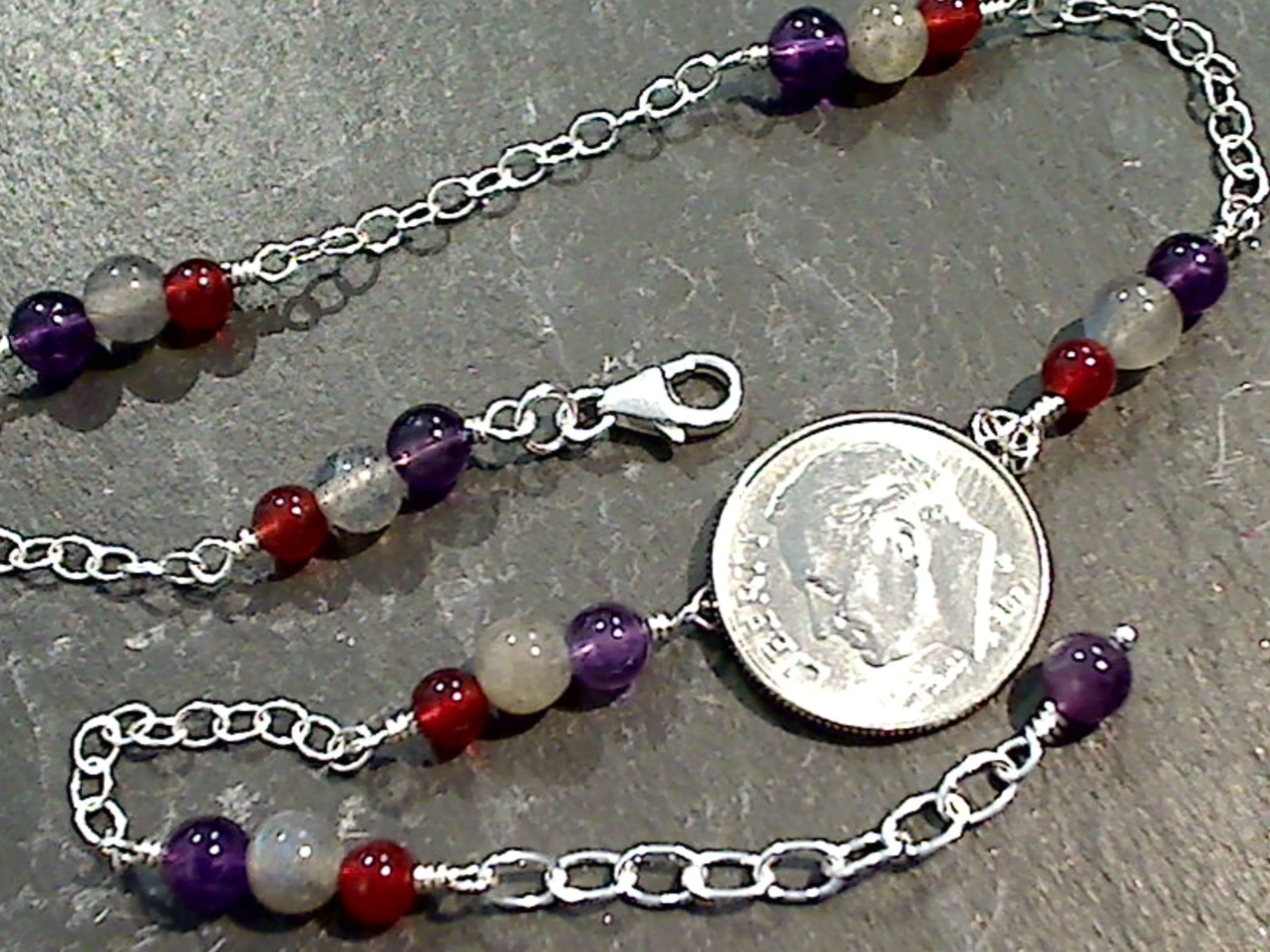 10" - 11" Amethyst, Carnelian, Labradorite, Sterling Silver Anklet