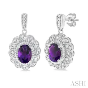 1/20 ctw Oval Cut 7X5 MM Amethyst and Round Cut Diamond Semi Precious Earring in Sterling Silver