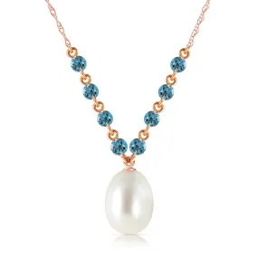 14K Solid Rose Gold Natural Blue Topaz & Pearl Necklace Gemstone