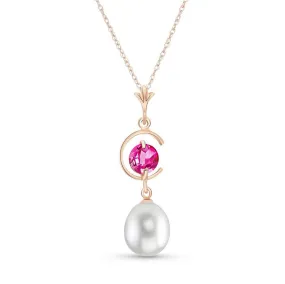 14K Solid Rose Gold Necklace w/ Natural Pearl & Pink Topaz