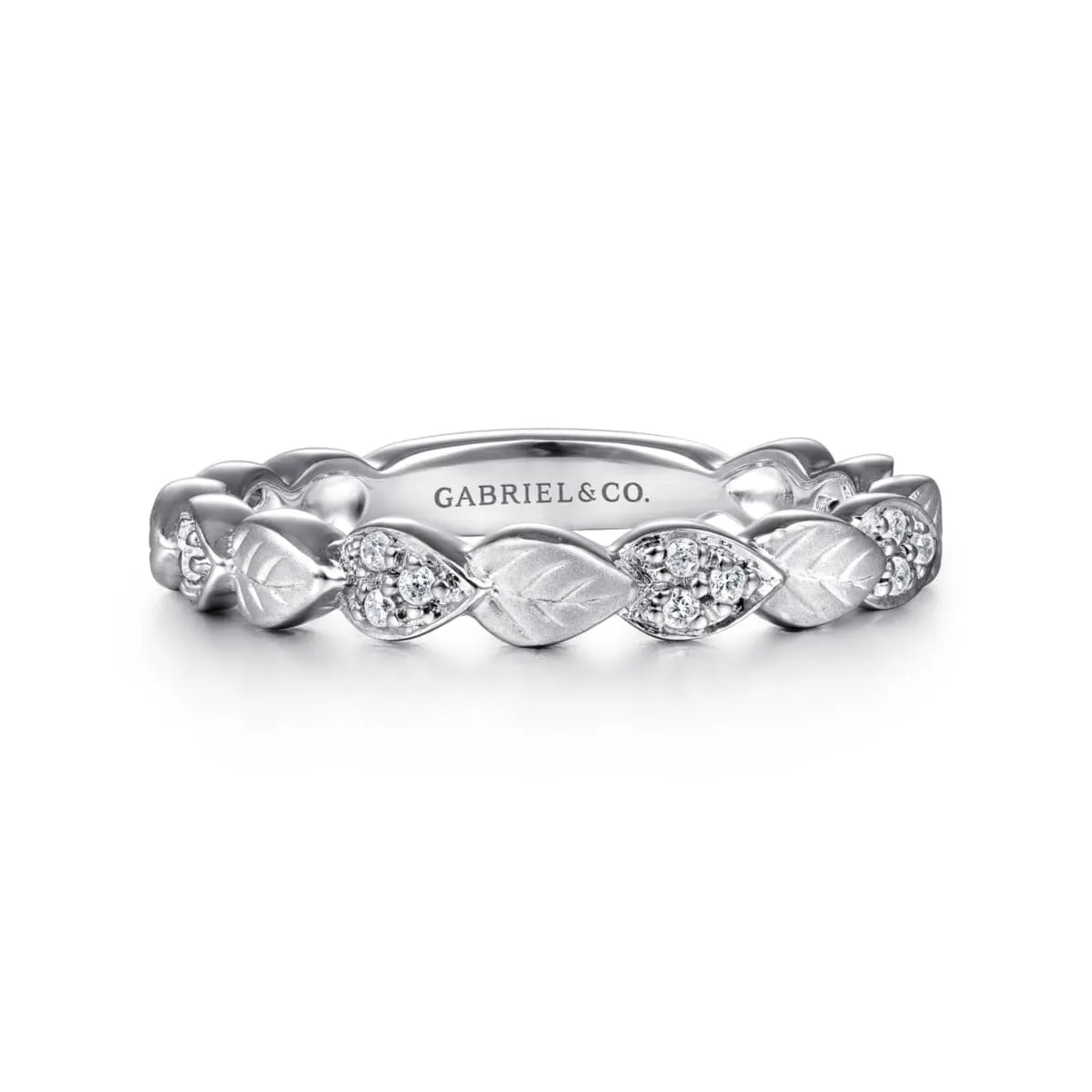 14K White Gold Delicate Leaf Stackable Diamond Band - LR4832W45JJ