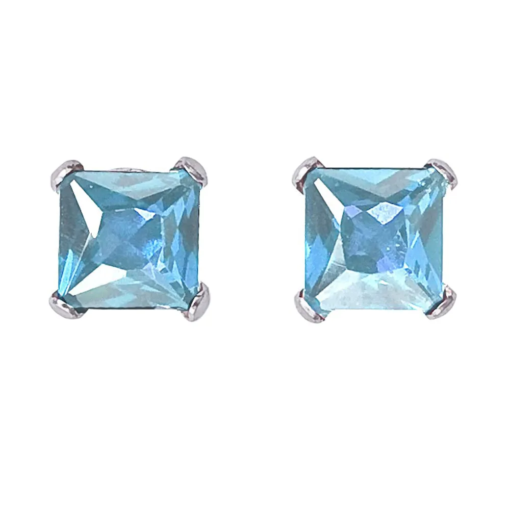 14k White Gold Plated 4 Carat Square Created Aquamarine Sapphire Stud Earrings