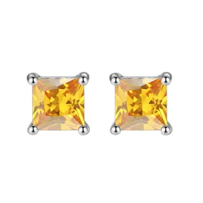 14k White Gold Plated 4 Carat Square Created Yellow Sapphire Stud Earrings