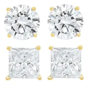 14k Yellow Gold 1/4 Carat Solitaire Created Diamond 2 Pair Round and Princess Stud Earrings