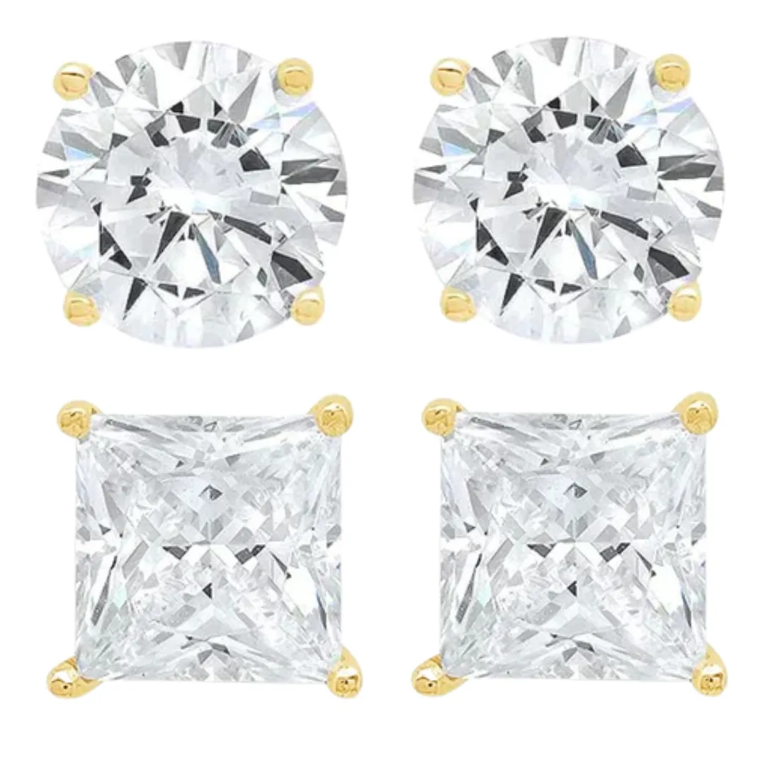 14k Yellow Gold 1/4 Carat Solitaire Created Diamond 2 Pair Round and Princess Stud Earrings