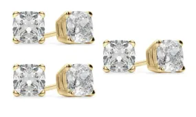 14k Yellow Gold 3Ct Cushion Cut White Sapphire Set Of Three Stud Earrings Plated