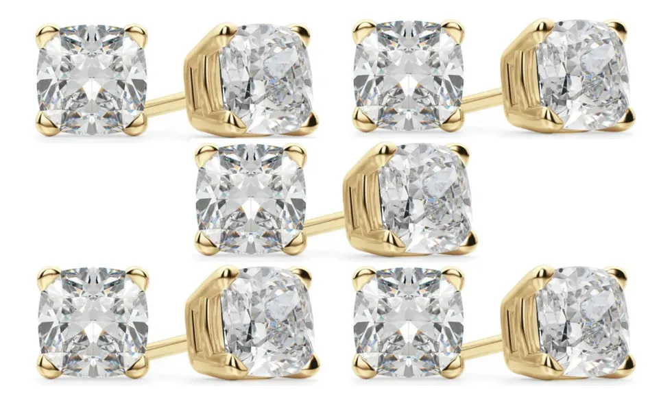 14k Yellow Gold 6mm 1Ct Cushion Cut White Sapphire Set Of Five Stud Earrings Plated