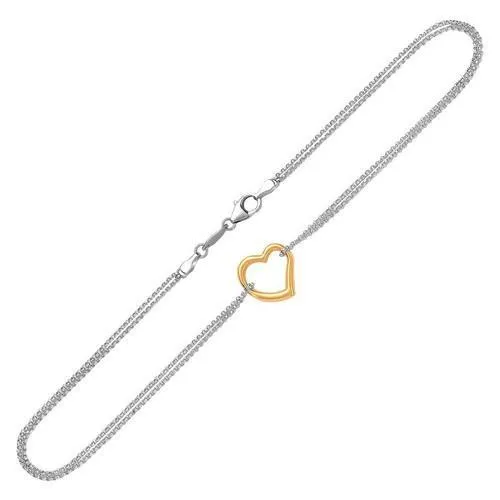 14k Yellow Gold and Sterling Silver Anklet with a Single Open Heart Station, size 10''