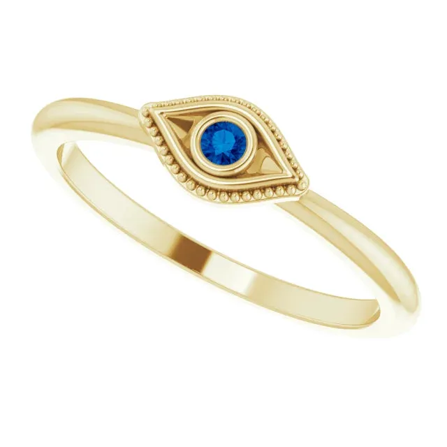 14K Yellow Gold Lab-Grown Blue Sapphire Stackable Evil Eye Ring