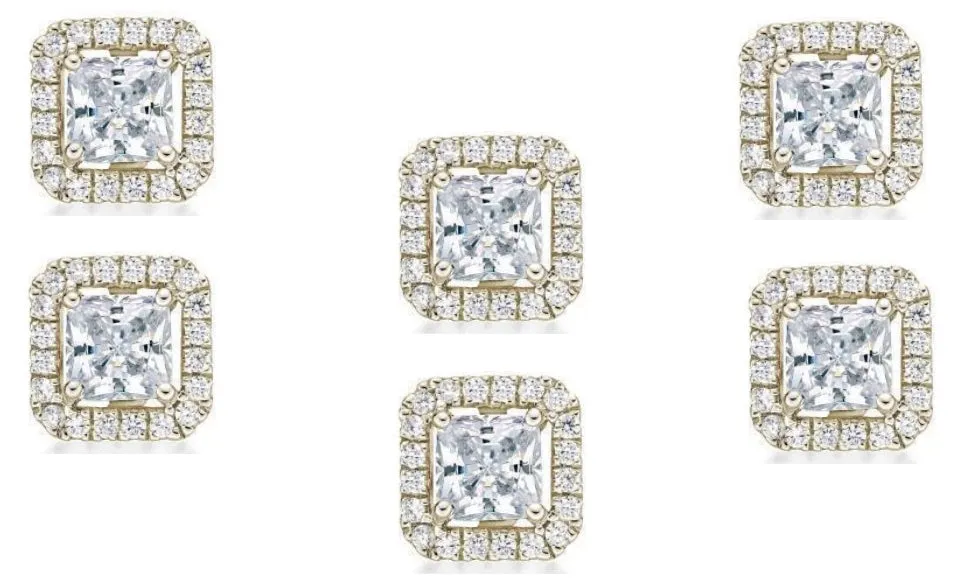 14k Yellow Gold Plated 1/2Ct Princess Cut White Sapphire Set of Three Halo Stud Earrings