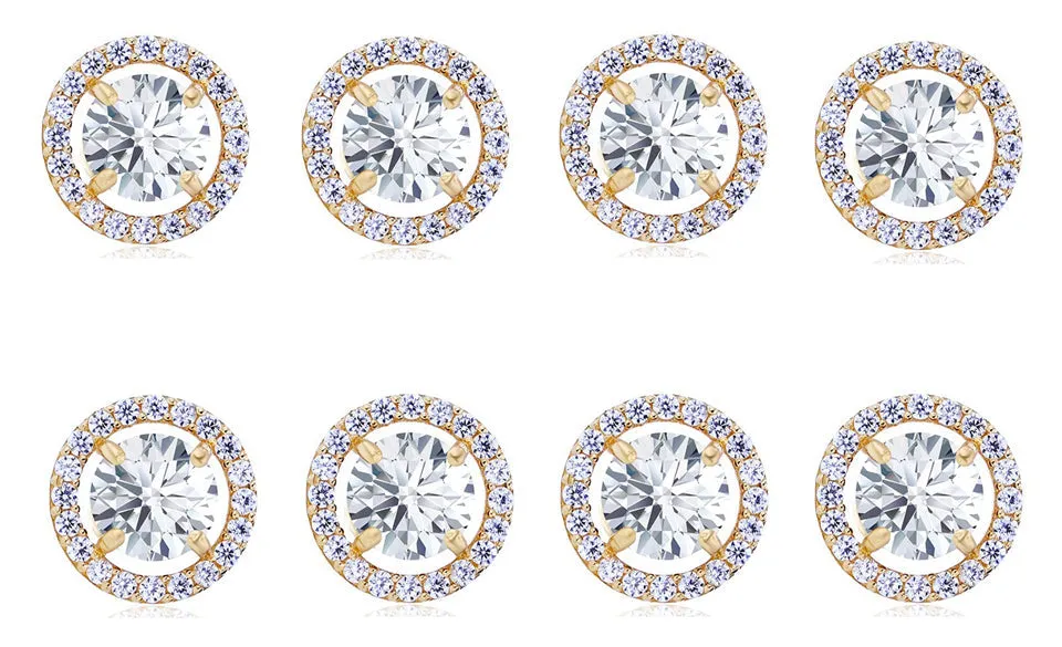 14k Yellow Gold Plated 1/2Ct Round White Sapphire Set Of Four Halo Stud Earrings