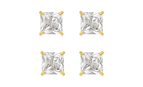 14k Yellow Gold Plated 3Ct Square Cut White Sapphire Set Of Two Stud Earrings