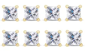 14k Yellow Gold Plated 4mm 1Ct Princess Cut White Sapphire Set Of Four Stud Earrings