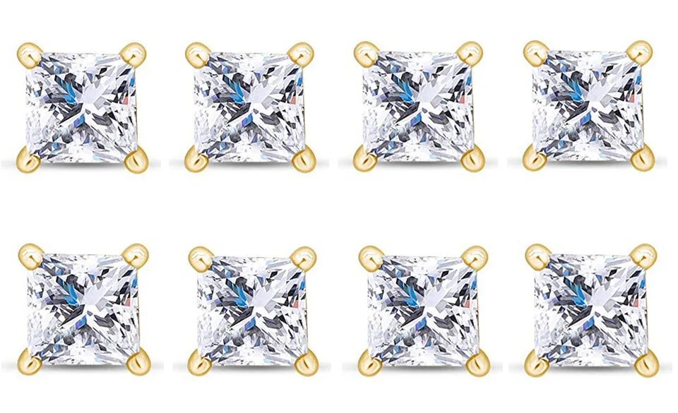 14k Yellow Gold Plated 4mm 1Ct Princess Cut White Sapphire Set Of Four Stud Earrings