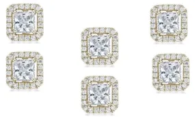 14k Yellow Gold Plated 4mm 1Ct Princess Cut White Sapphire Set of Three Halo Stud Earrings