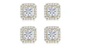 14k Yellow Gold Plated 6mm 3Ct Princess Cut White Sapphire Set of Two Halo Stud Earrings