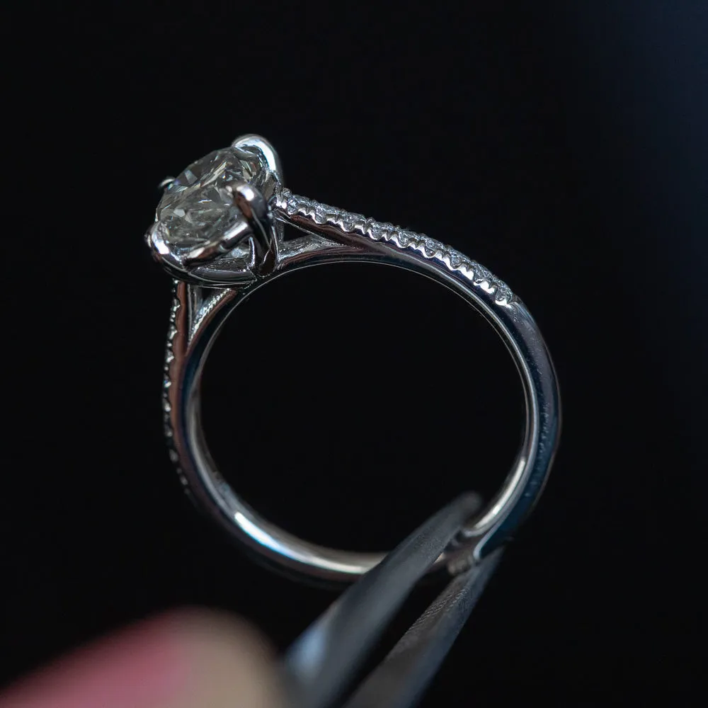 1.50ct Oval Grey Diamond and French Set Diamond Cathedral 4 Prong Solitaire in Platinum