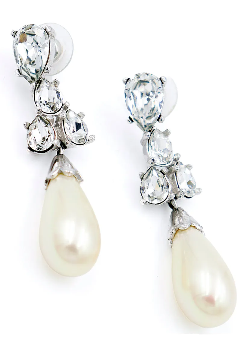 1980s Christian Dior Vintage Silver Crystal Pearl Drop Pierced Earrings