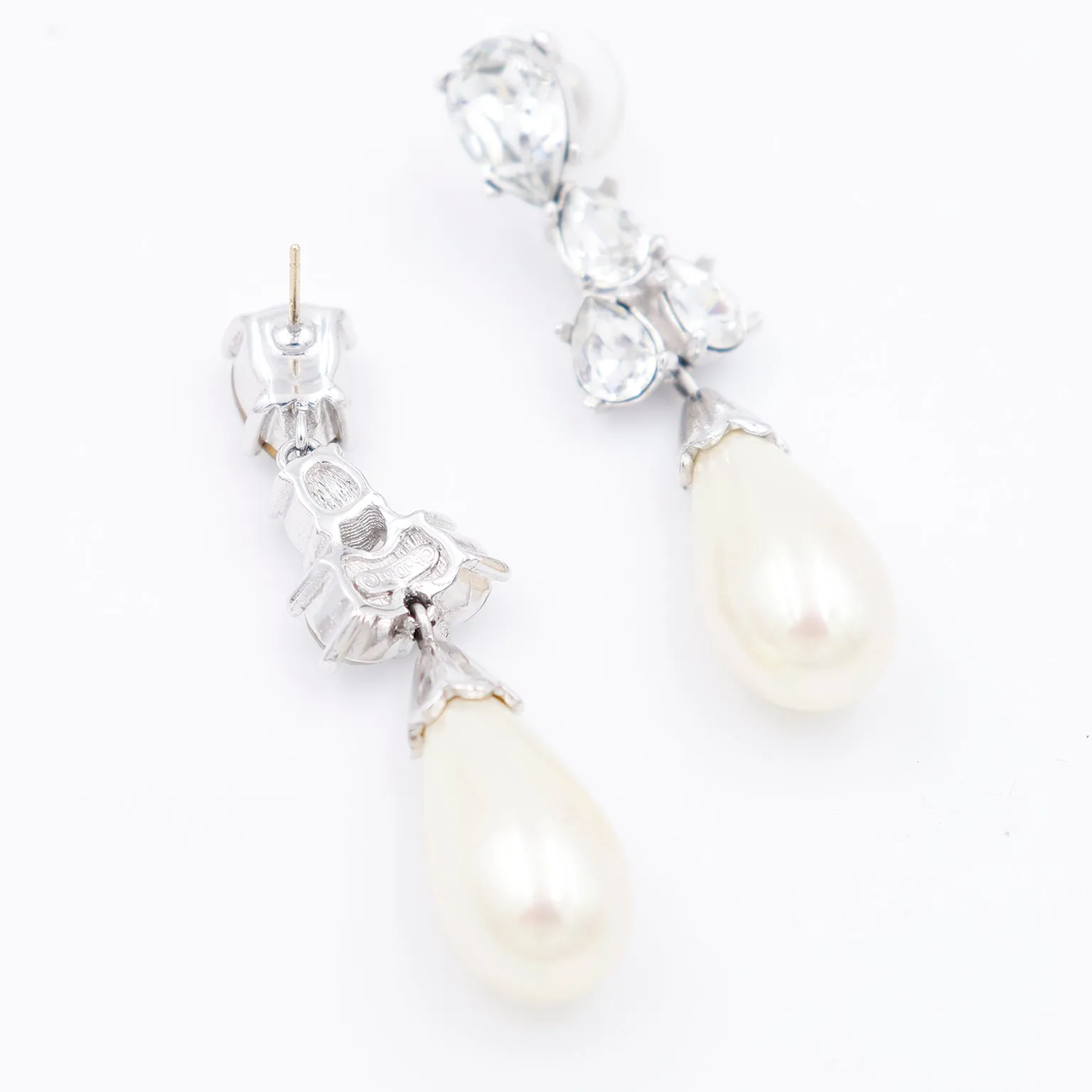 1980s Christian Dior Vintage Silver Crystal Pearl Drop Pierced Earrings