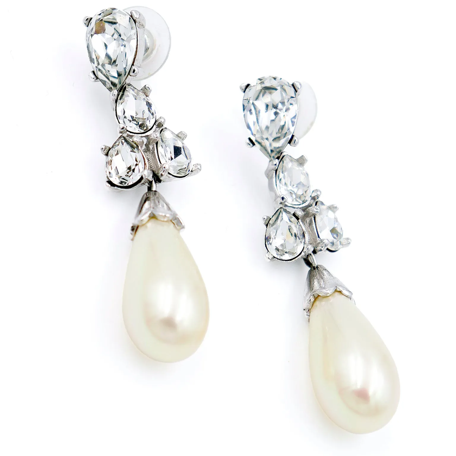 1980s Christian Dior Vintage Silver Crystal Pearl Drop Pierced Earrings