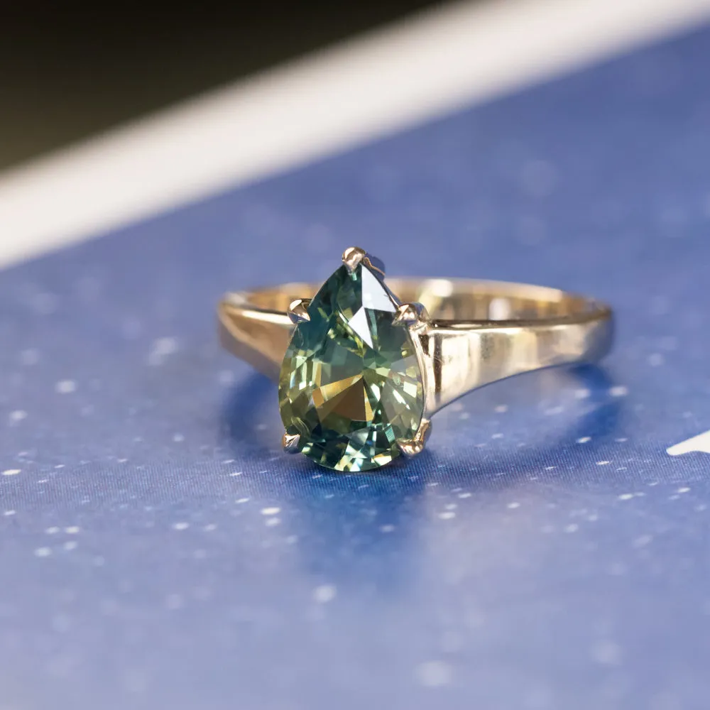 2.70ct Untreated Parti Color Pear Sapphire Low Profile 5 Prong Tapered Solitaire in 14k Yellow Gold