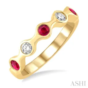 2.8MM Bezel Set Ruby and 1/6 ctw Round Cut Diamond Precious Stackable Band in 14K Yellow Gold