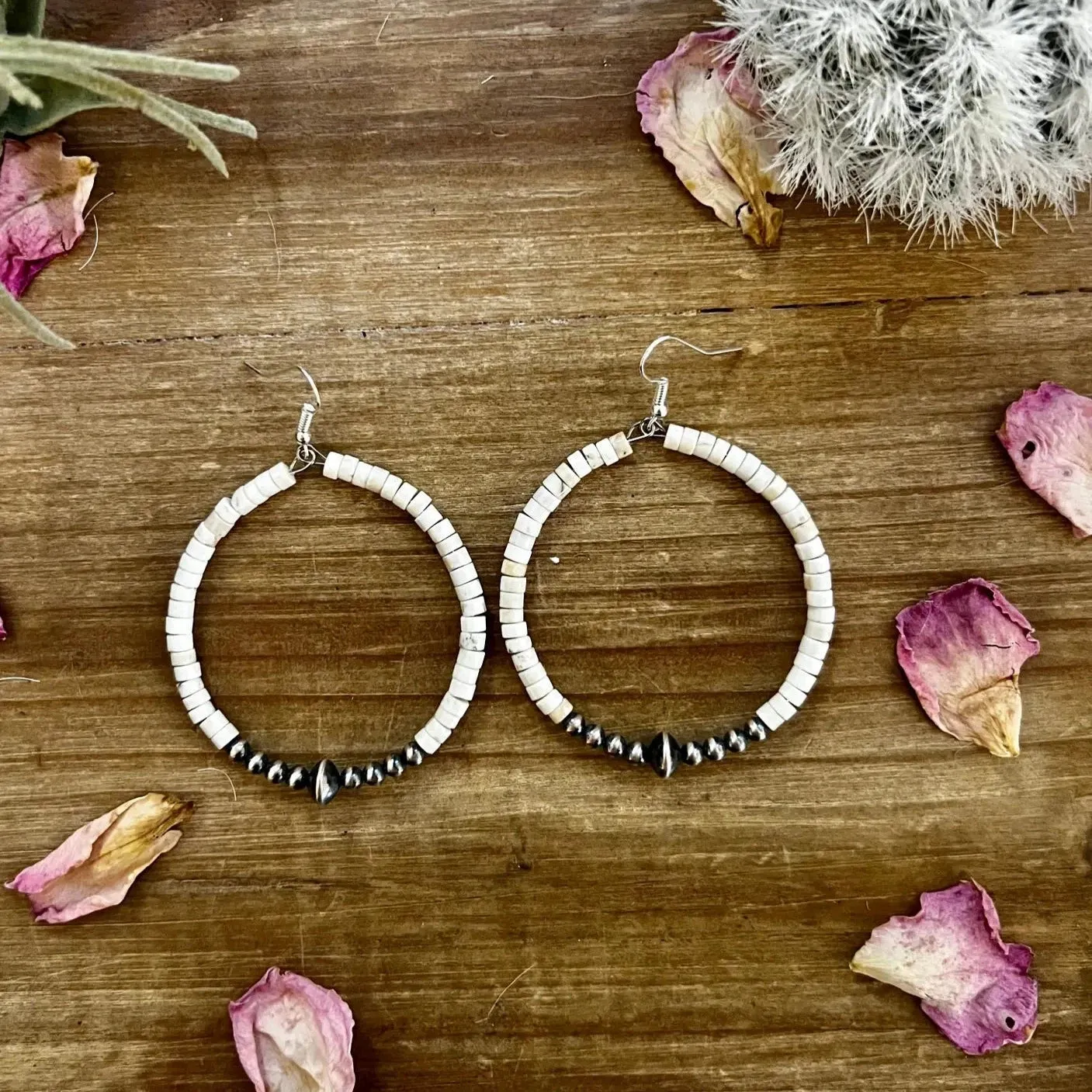 2" White Magnasite and Navajo Pearl Hoop Earrings