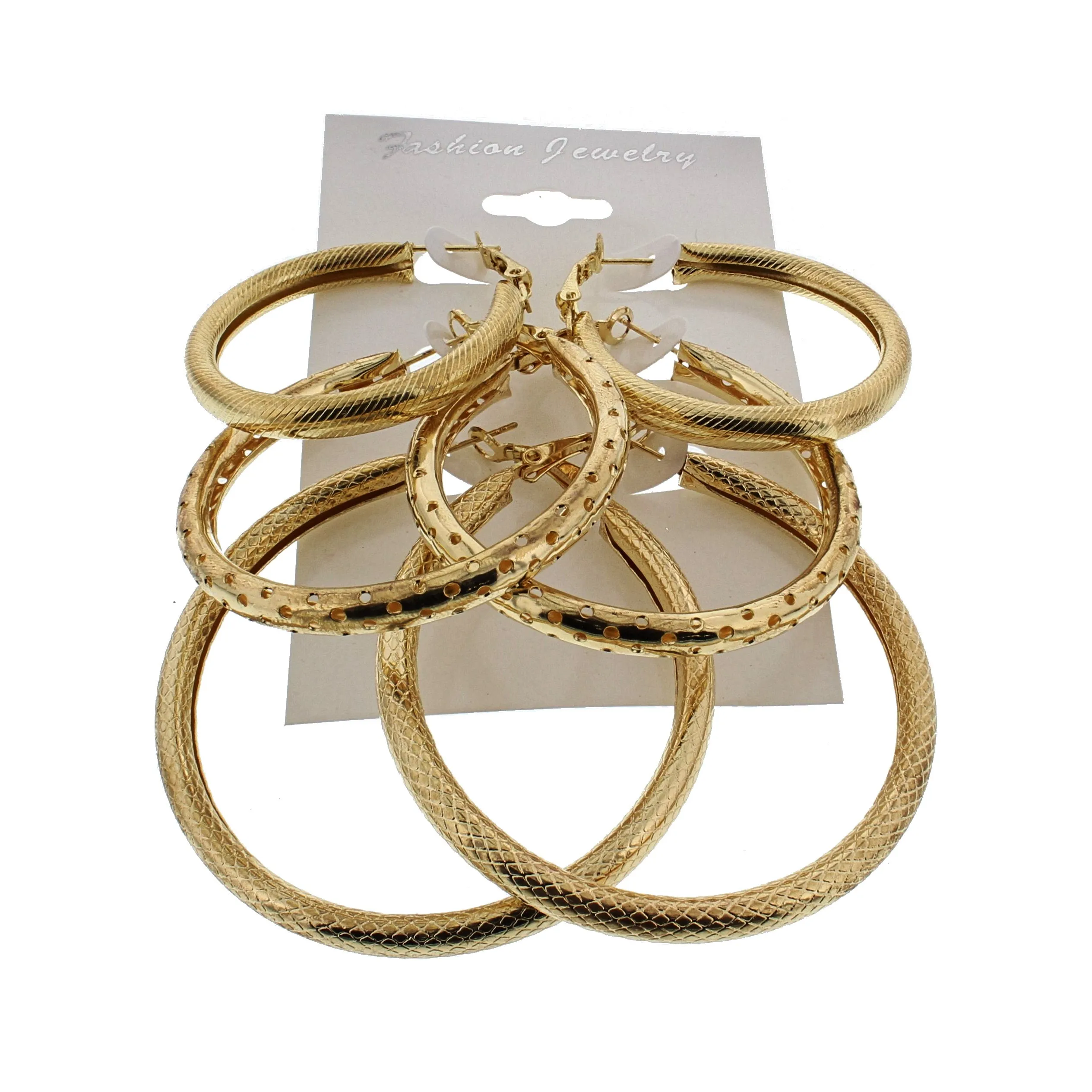 3 on a Card Assorted Patterned Hoop Earrings (Approx. 4/ 5/ 6cm Diameters)