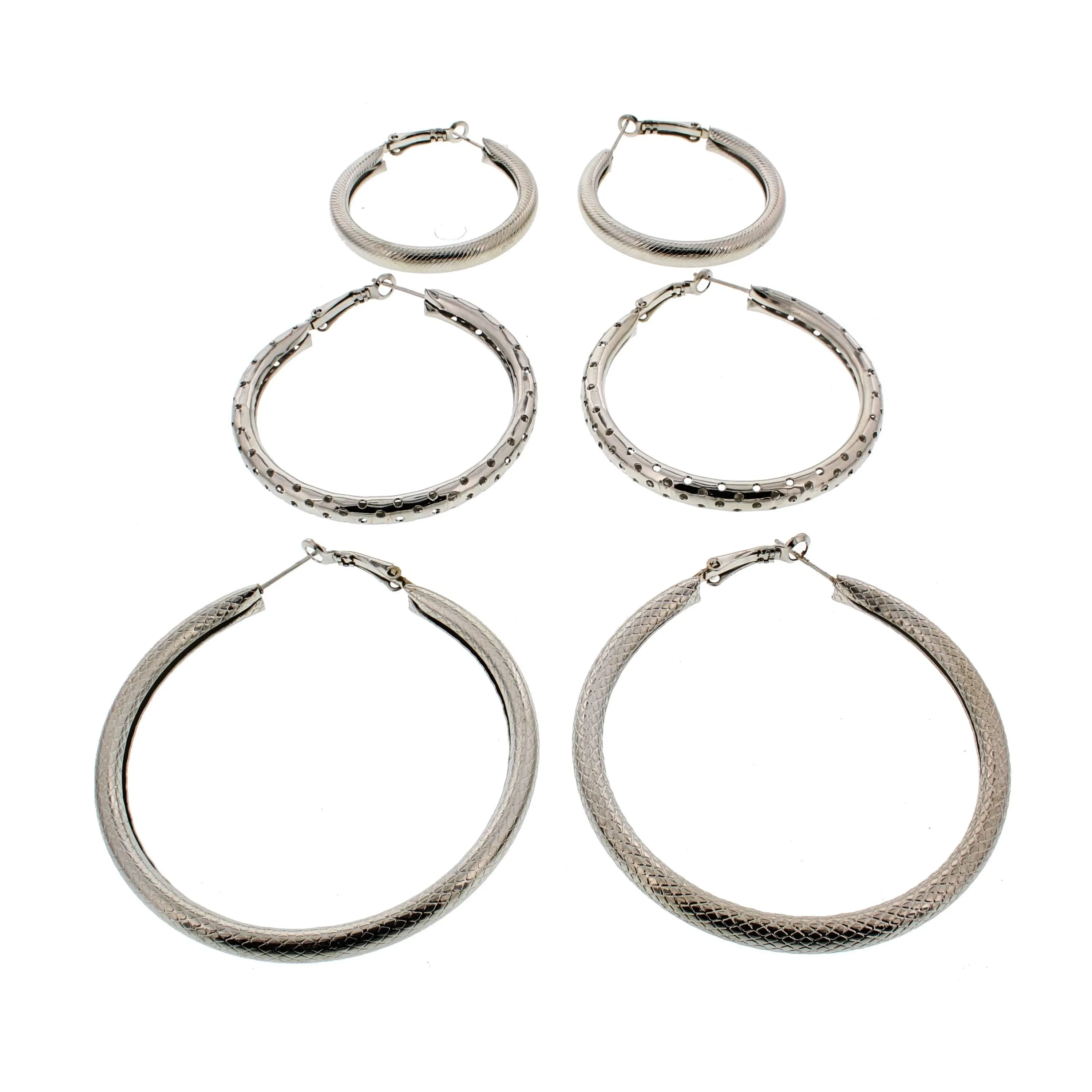 3 on a Card Assorted Patterned Hoop Earrings (Approx. 4/ 5/ 6cm Diameters)