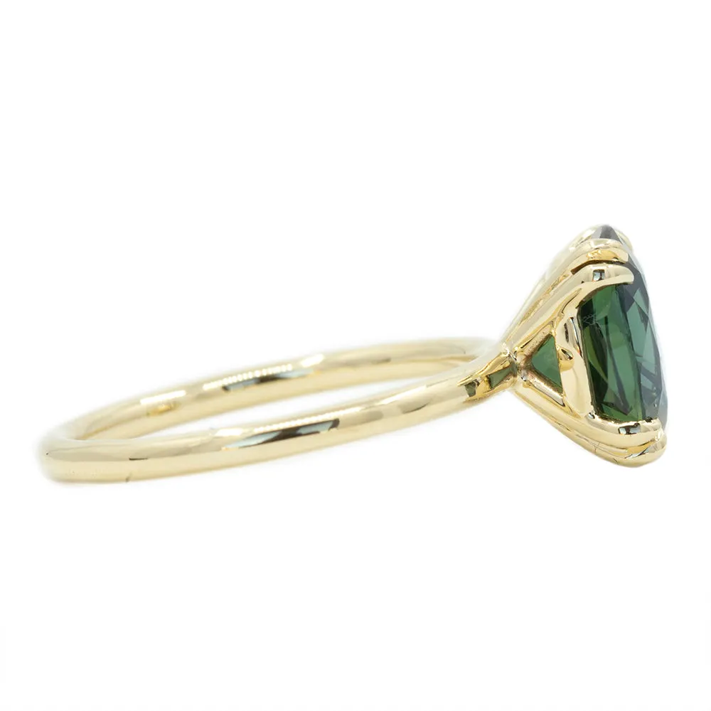 3.02ct Oval Deep Teal Green Sapphire Double Pronged Solitaire in 14k Yellow Gold