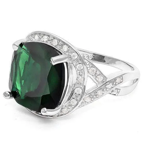 5.50 CT CREATED EMERALD & 2PCS CREATED WHITE SAPPHIRE 925 STERLING SILVER RING