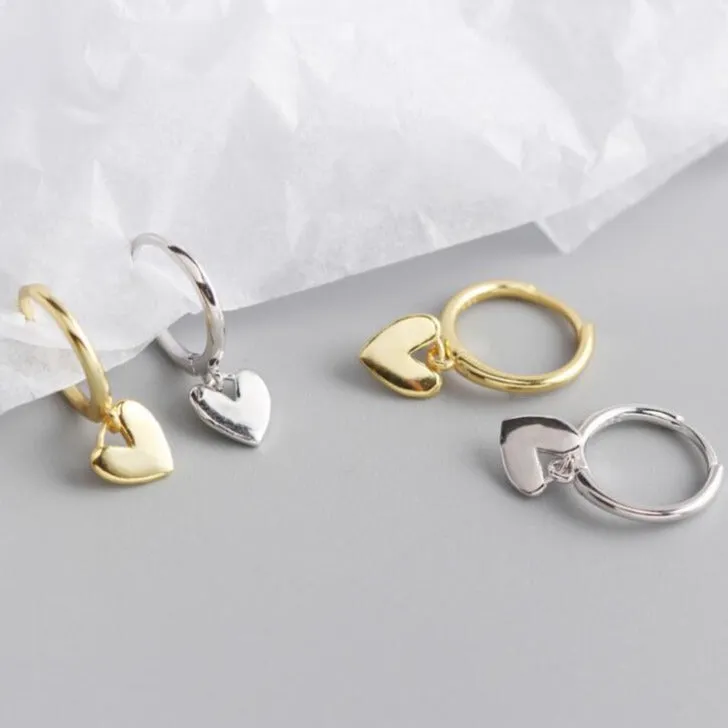 925 Sterling Silver and 18K Gold-Filled Heart Charm Hoops