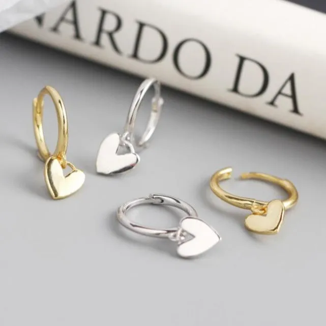 925 Sterling Silver and 18K Gold-Filled Heart Charm Hoops