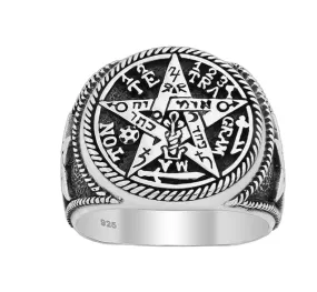 925 Sterling Silver silver Ring | Chunky Tetragrammaton Protective Amulet Ring for Men and Women