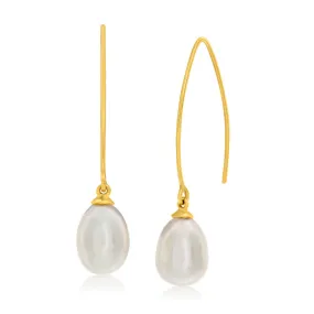 9ct Yellow Gold Fresh Water Pearl Long Drop Earrings