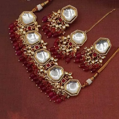 Abstract Shape Kundan Choker Earring And Teeka Set