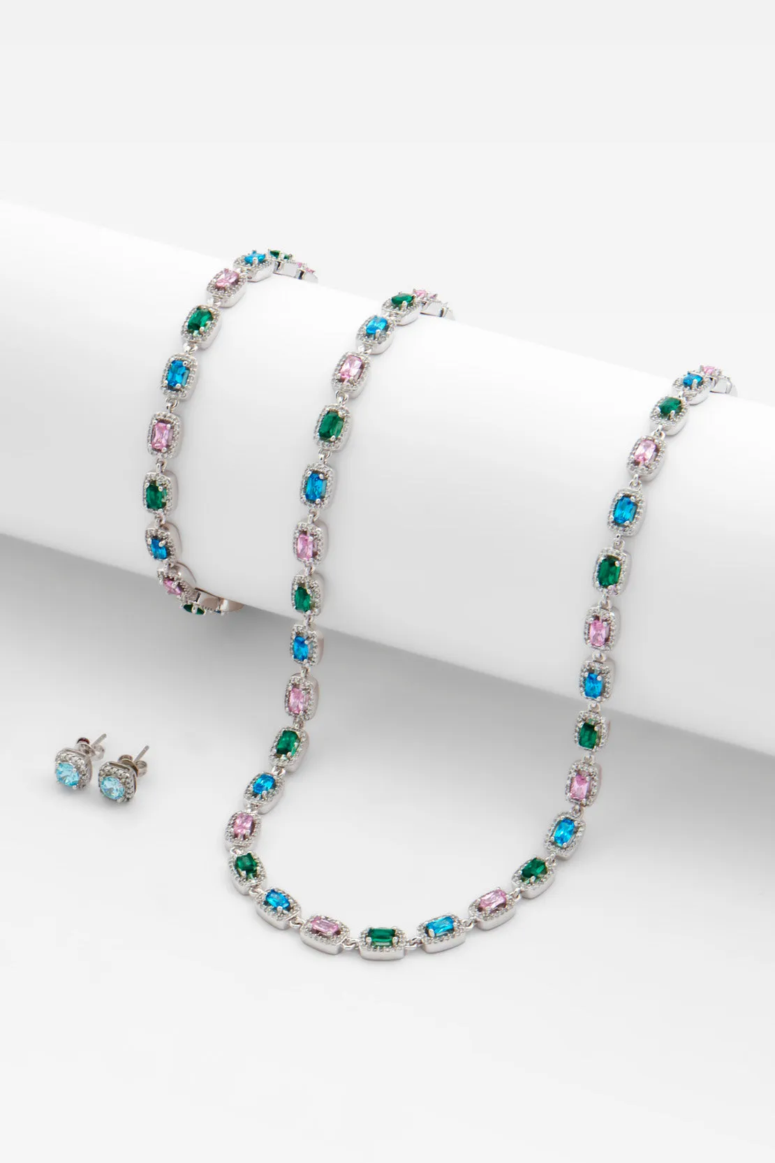 Allway Coloured Bezel Tennis Necklace   Bracelet & Iced Blue Clustered Stud Earrings Bundle